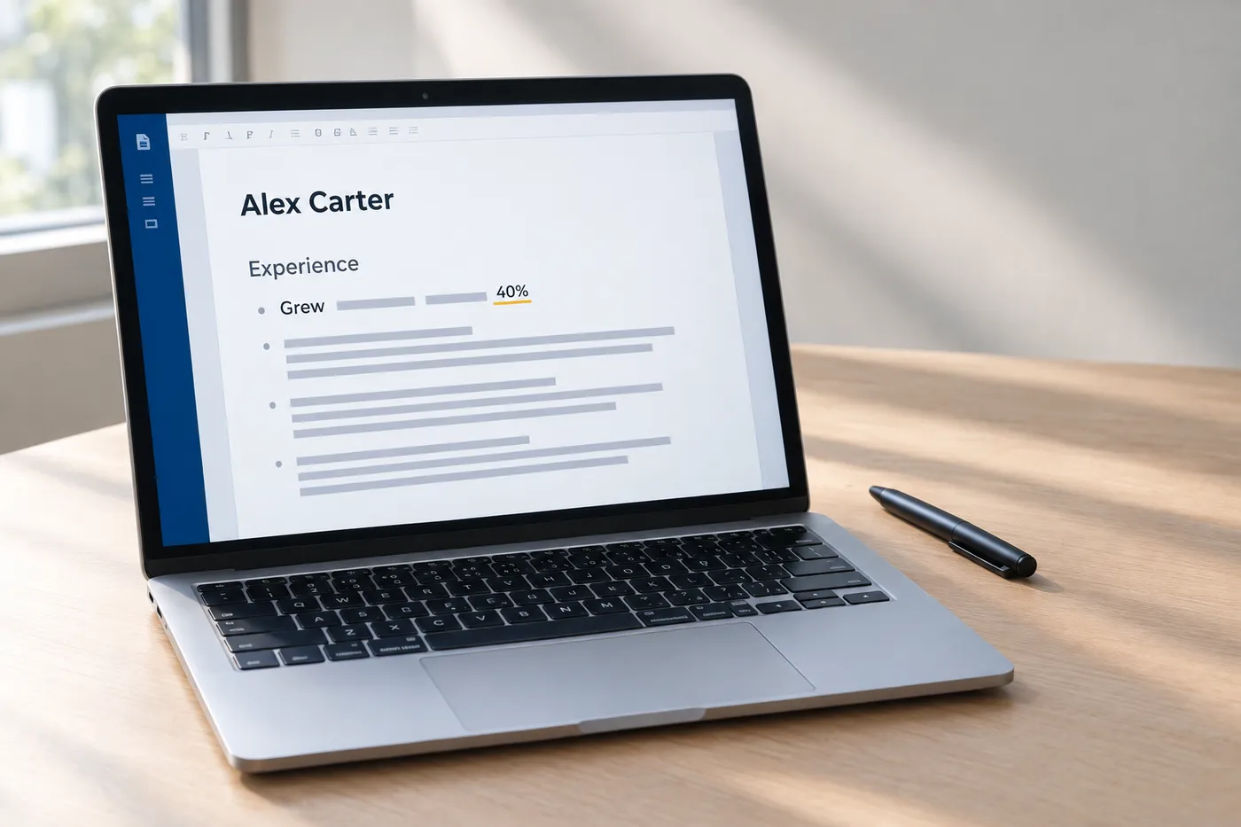 A resume on a laptop screen showing the word Grew paired with forty percent, for a guide on using numbers with action verbs.