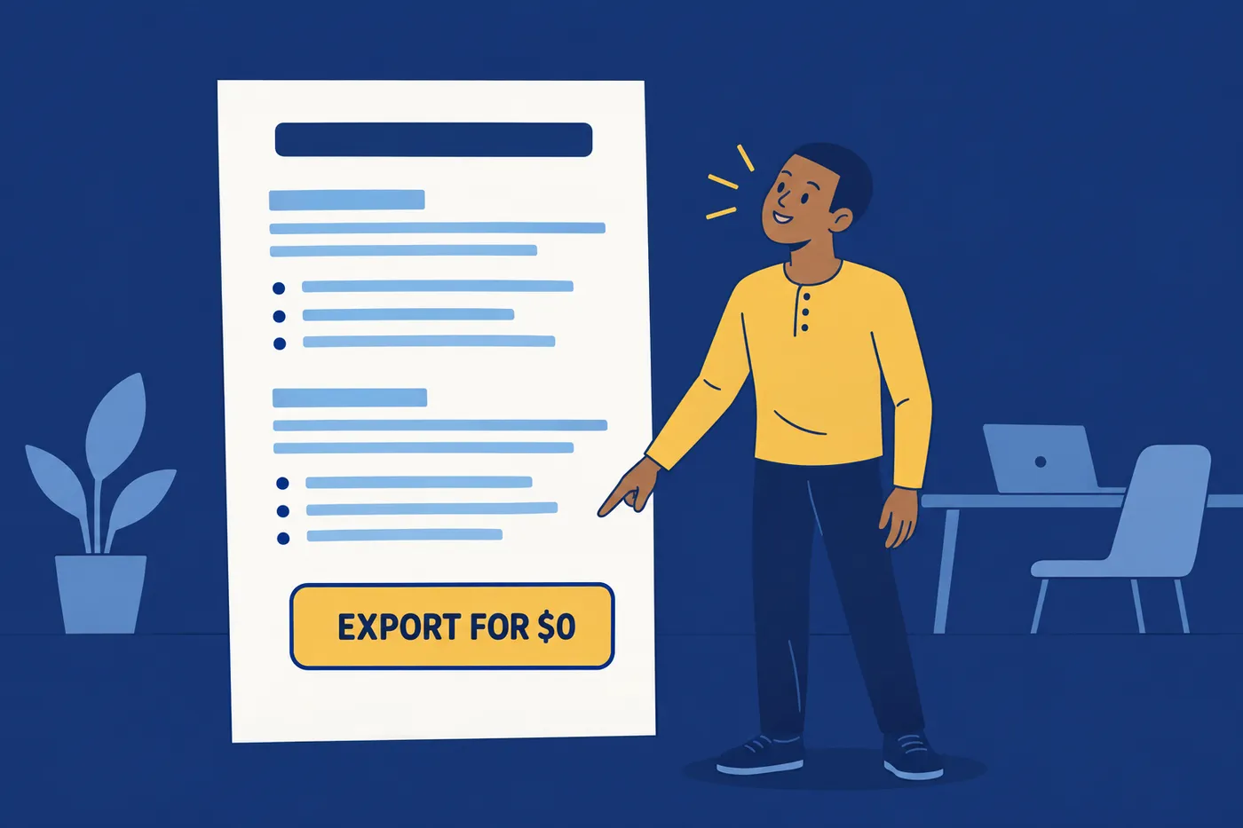 A young man points to a giant resume document showing a button labeled Export for $0, highlighting free PDF exports.