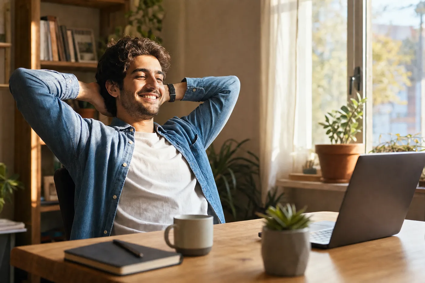A relieved job seeker smiles at his desk in a sunny room, representing the ease of a free resume builder export.