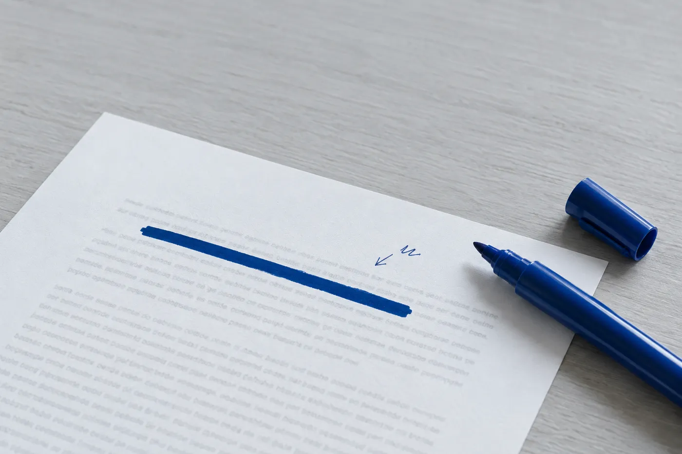 A close-up of a printed document with a single line blacked out by a deep blue marker, representing discretion.