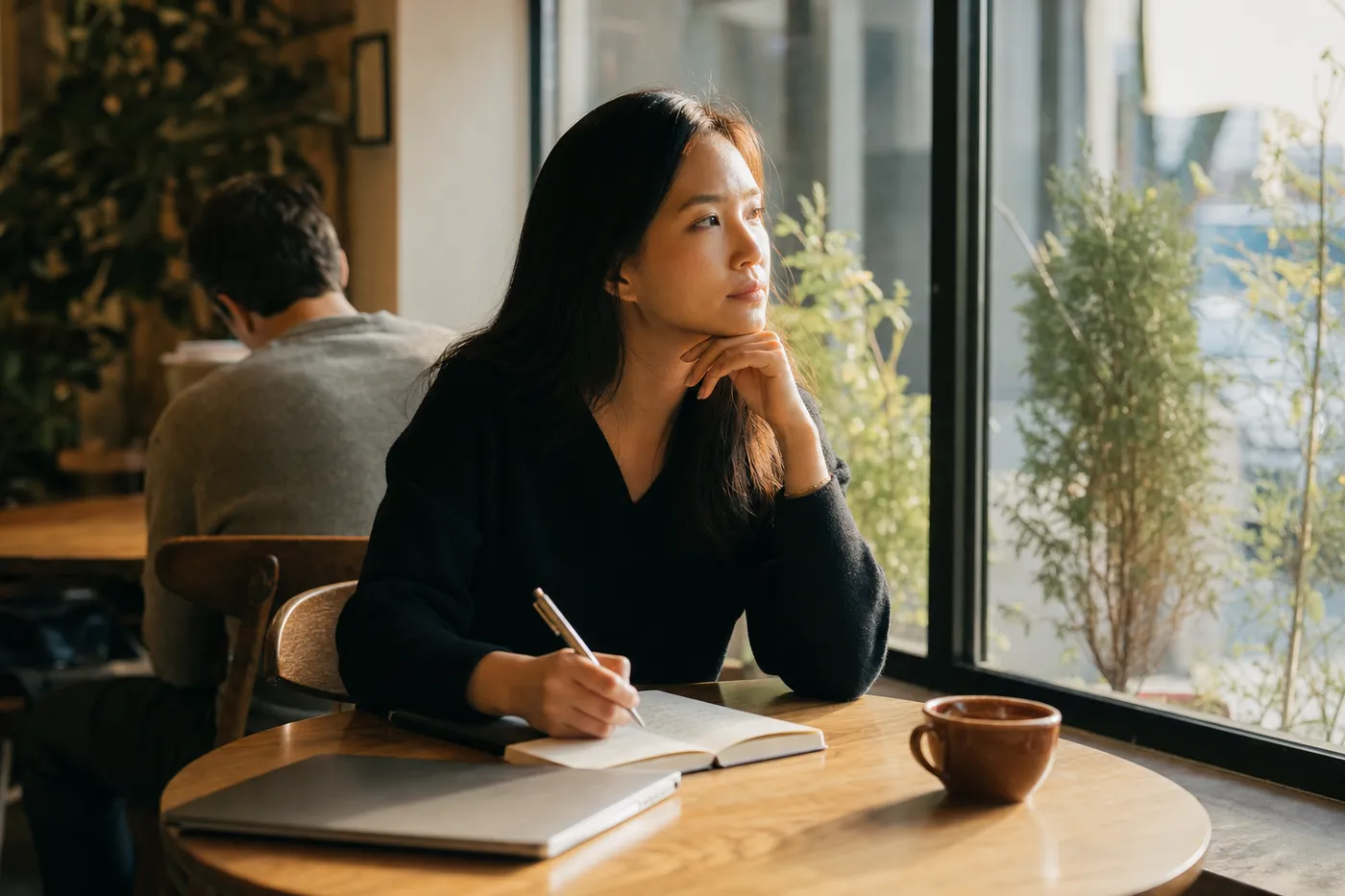 A professional thoughtfully writing in a notebook in a sunlit cafe, representing the human touch in cover letters.