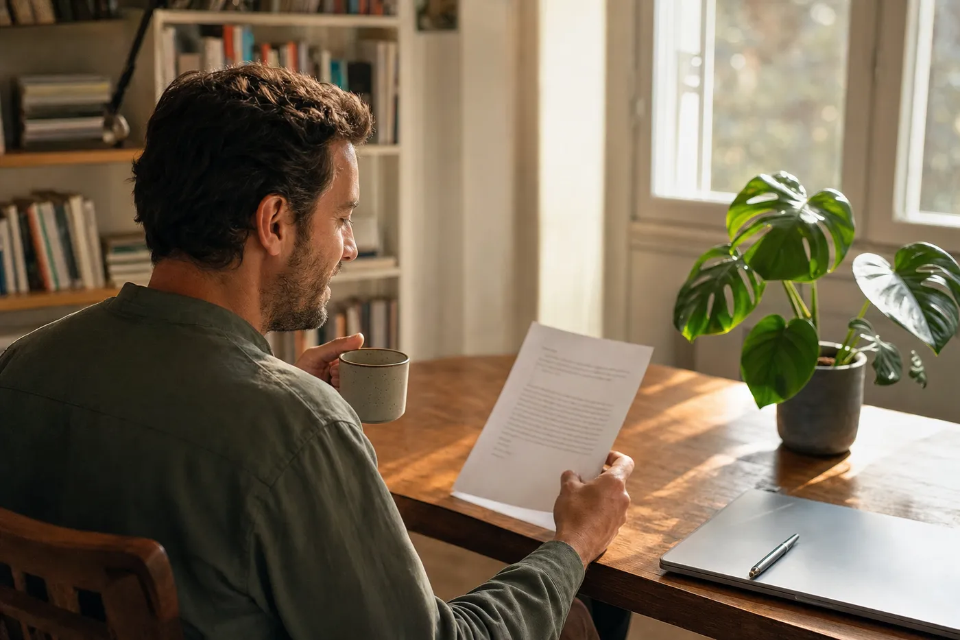 A professional smiles while reviewing a printed draft in a sunlit office, personalizing his cover letter.