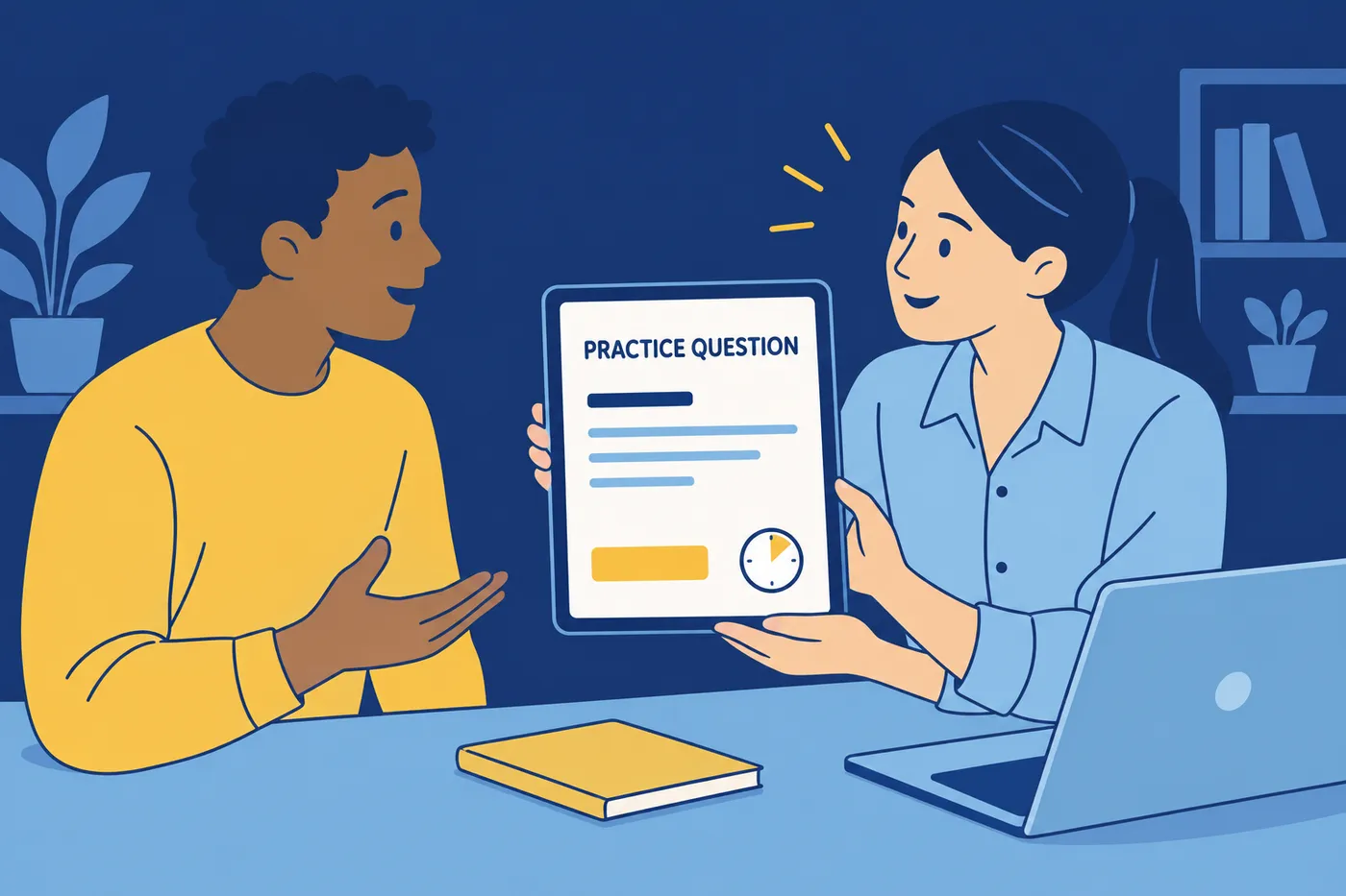 A candidate practices for an AI interview with a friend holding a tablet showing a practice question.