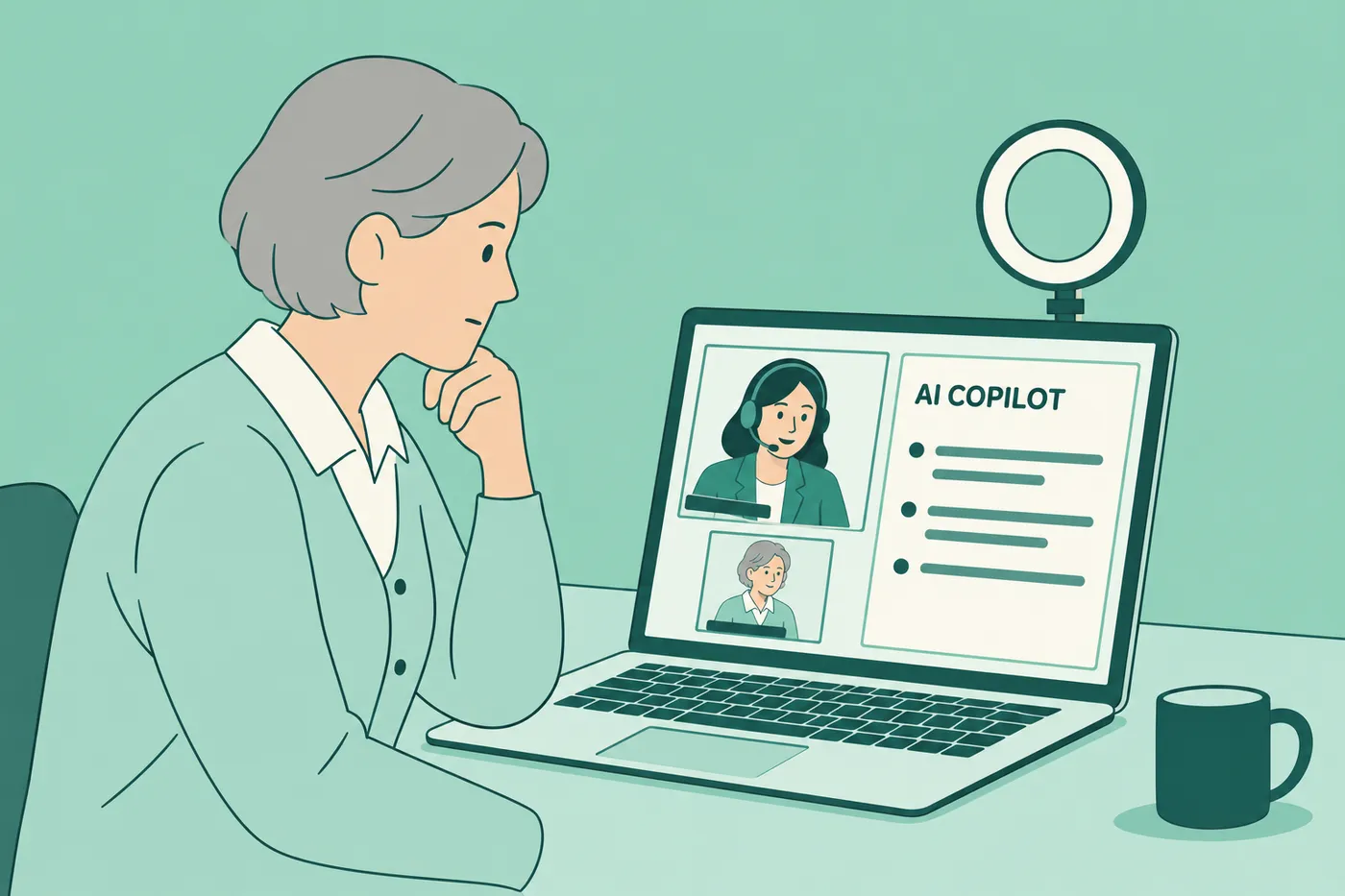 A candidate uses an AI copilot window on her screen during a live video interview, illustrating AI use in interviews.
