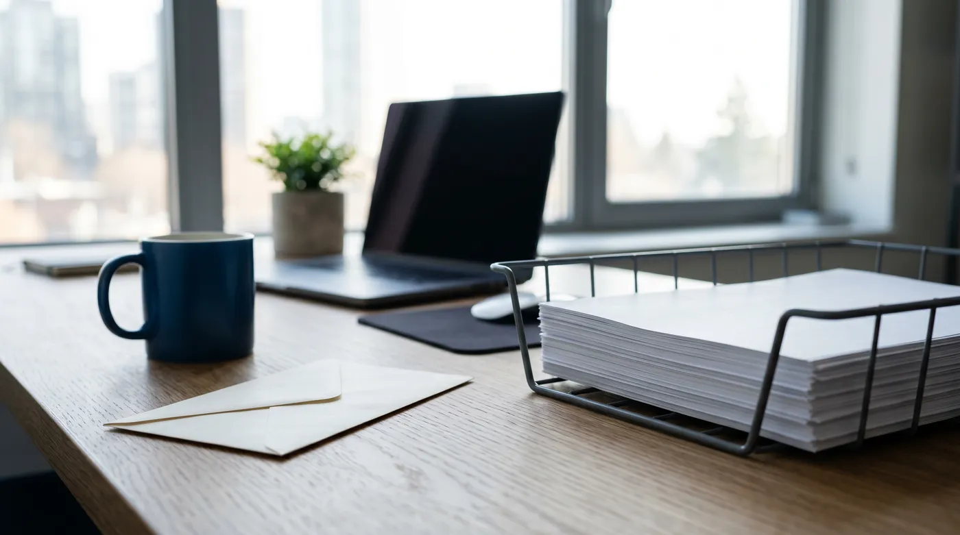 A stack of submitted resumes sits organized in an inbox tray next to a single late envelope on a sunlit desk.
