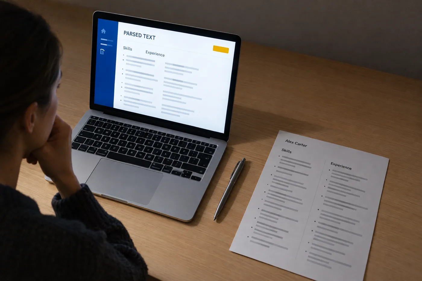 A printed two-column CV next to a laptop showing garbled parsed text, illustrating how ATS parsers interleave columns.