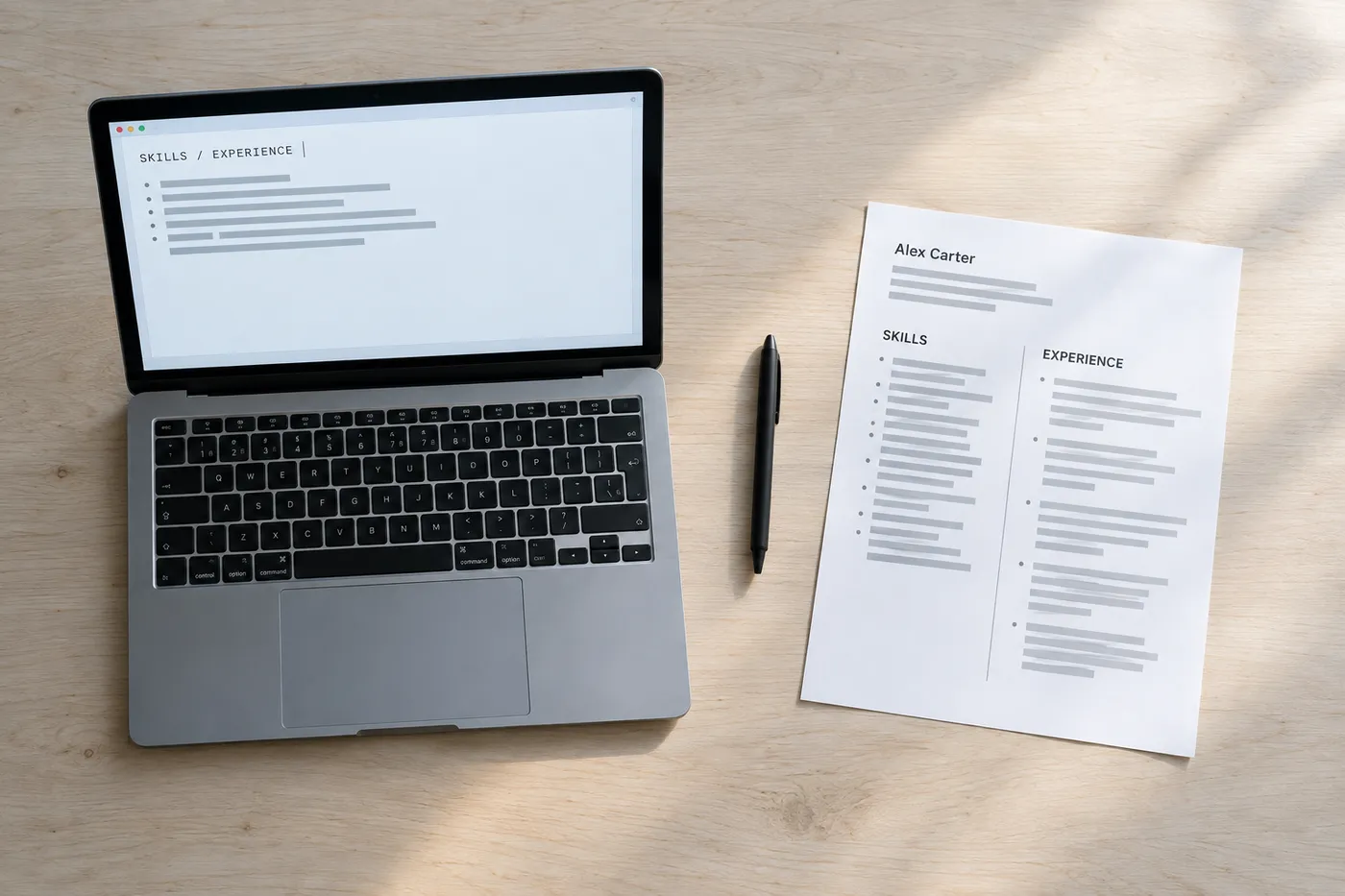 A laptop screen showing copied text next to a printed two-column resume on a white desk, illustrating an ATS template test.