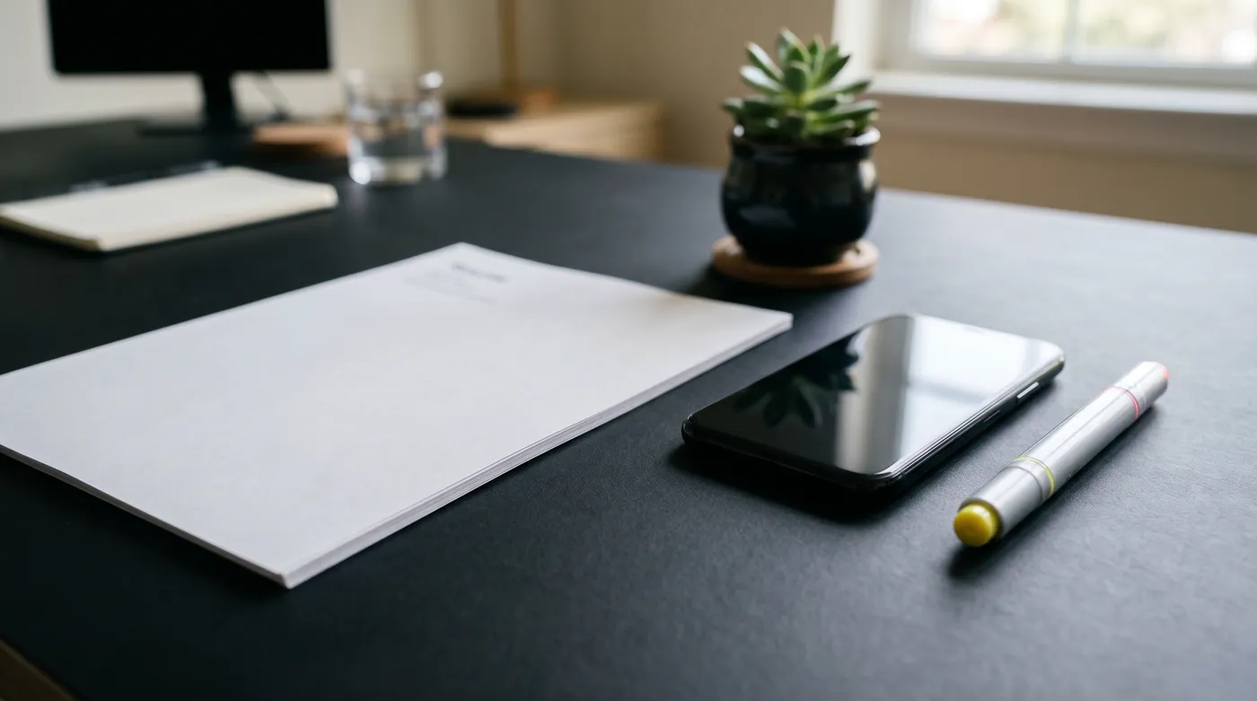 A close-up of a desk with a face-down printed document and a sleeping smartphone, representing strategic resume keywords.