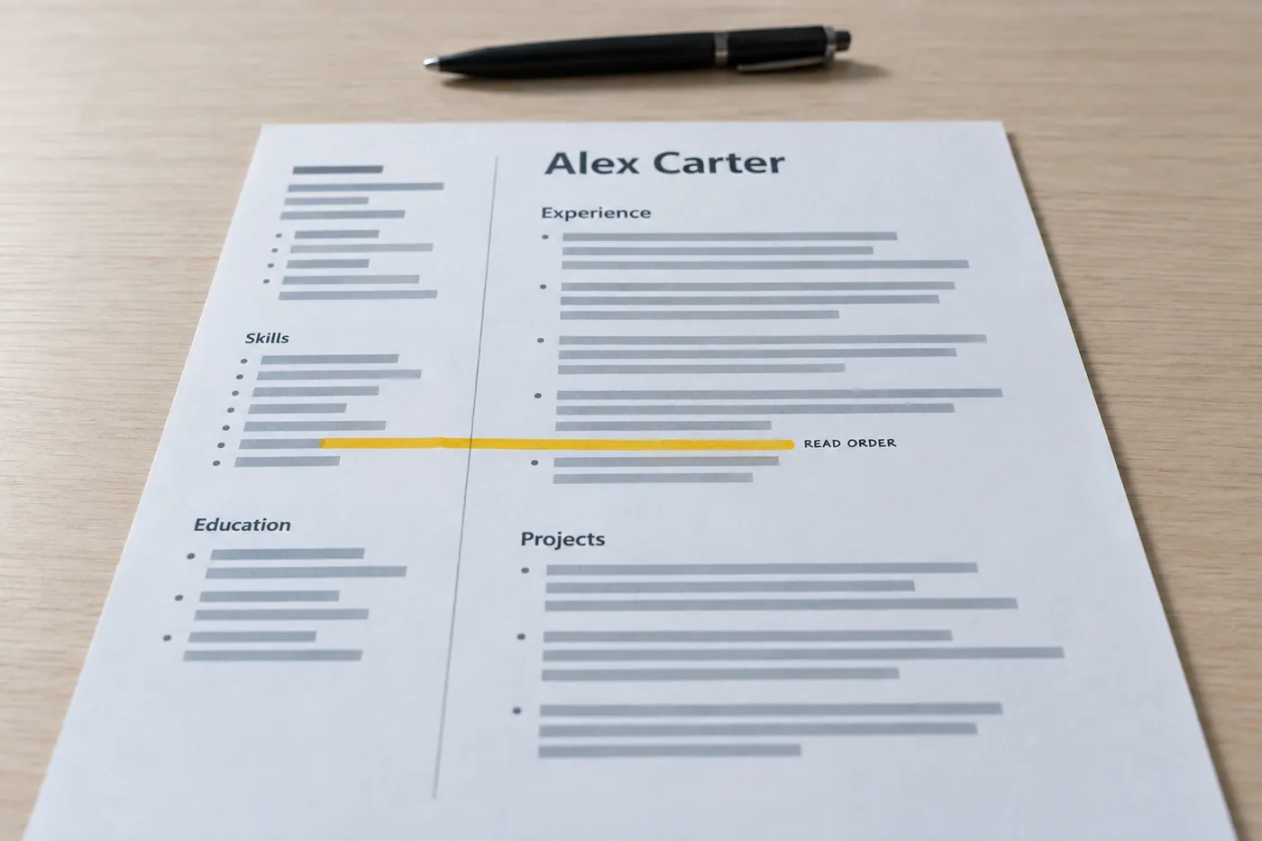 A printed two-column resume with a gold line cutting horizontally across both columns, illustrating an ATS parser read-order error.