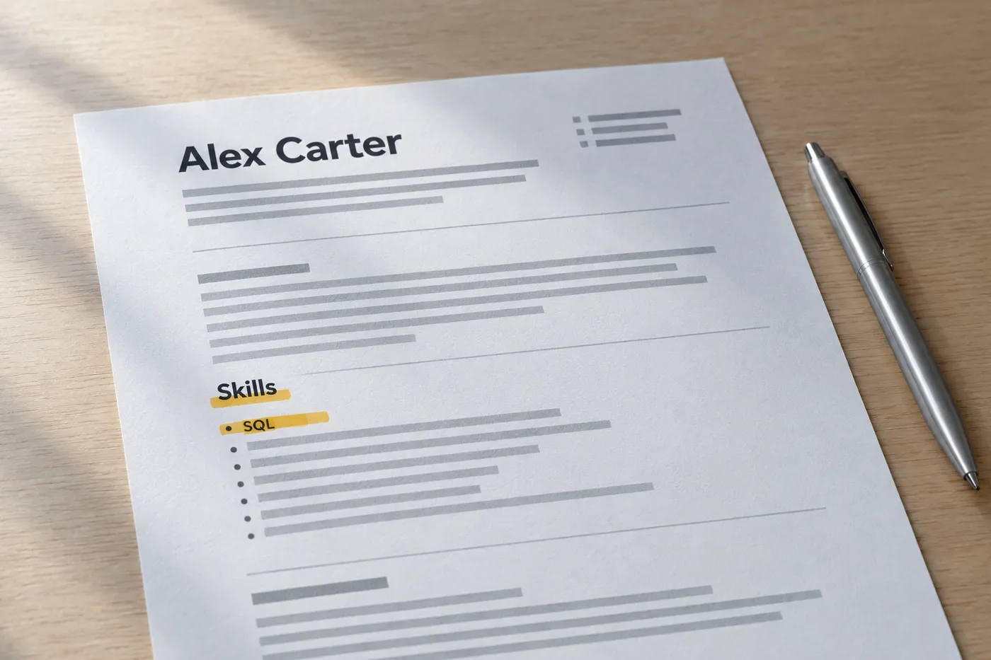 A close-up of a printed resume with a highlighted Skills section, illustrating clean ATS keyword parsing.