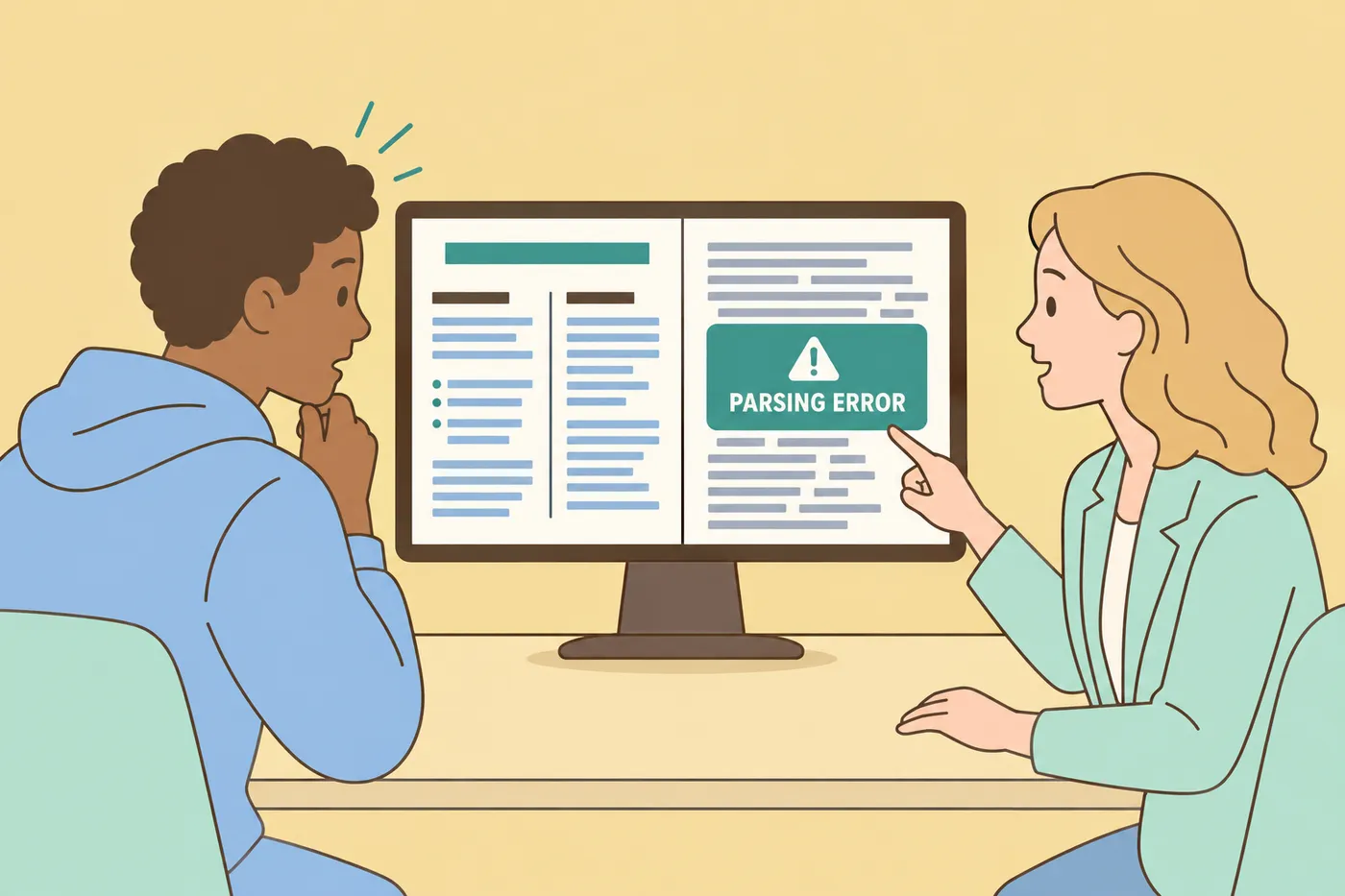 A software engineer and another reviewer inspect a resume on a screen.