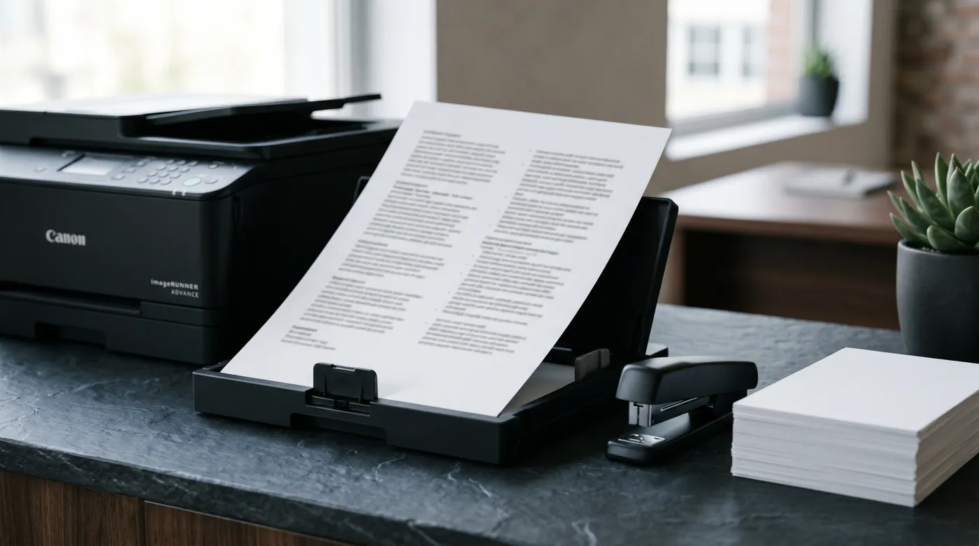 A printed resume with a dual-column layout resting in an office printer tray under cool window light.