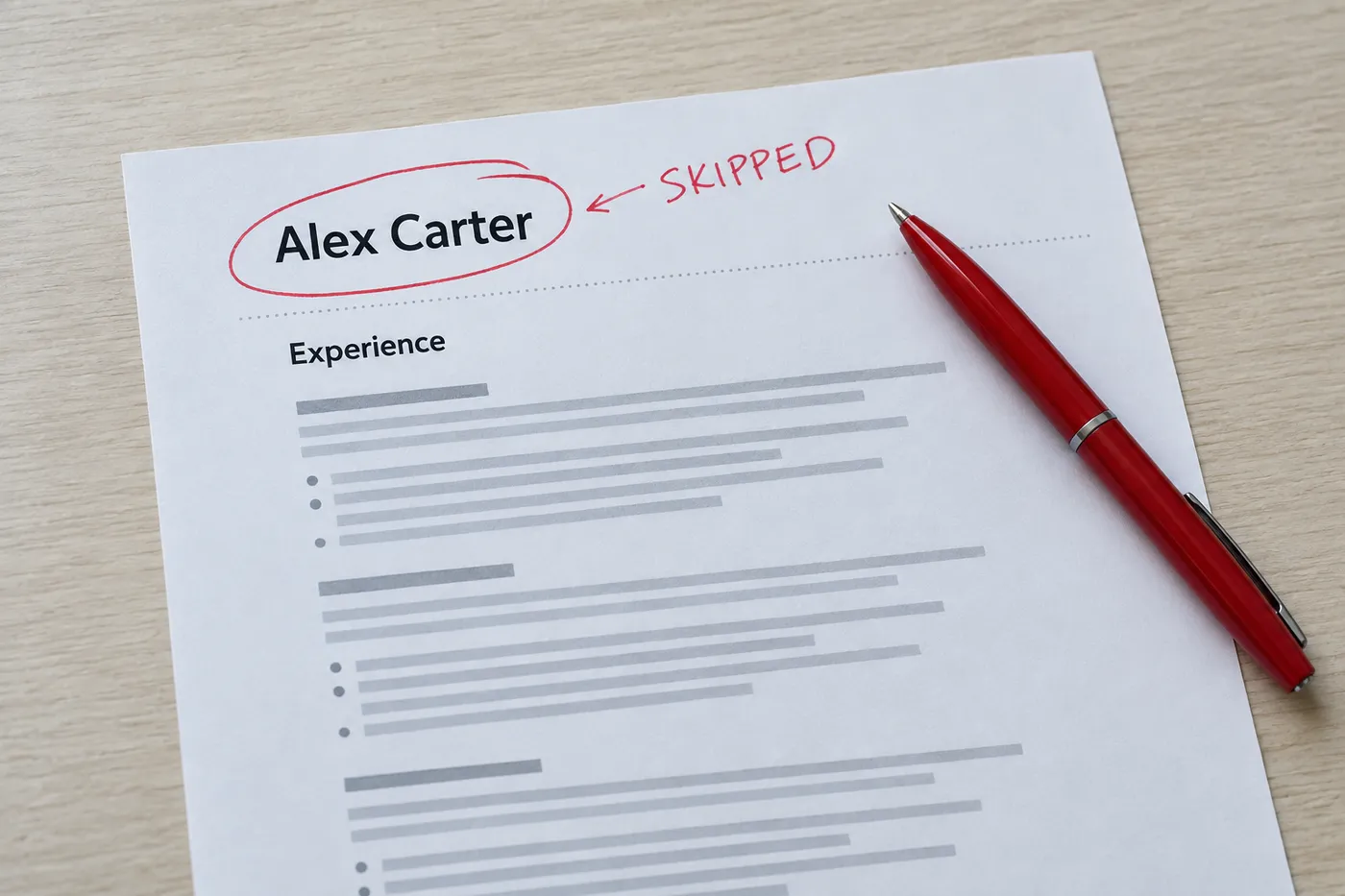 A printed resume with the name Alex Carter circled in red ink and marked 'SKIPPED' for an article on ATS formatting.