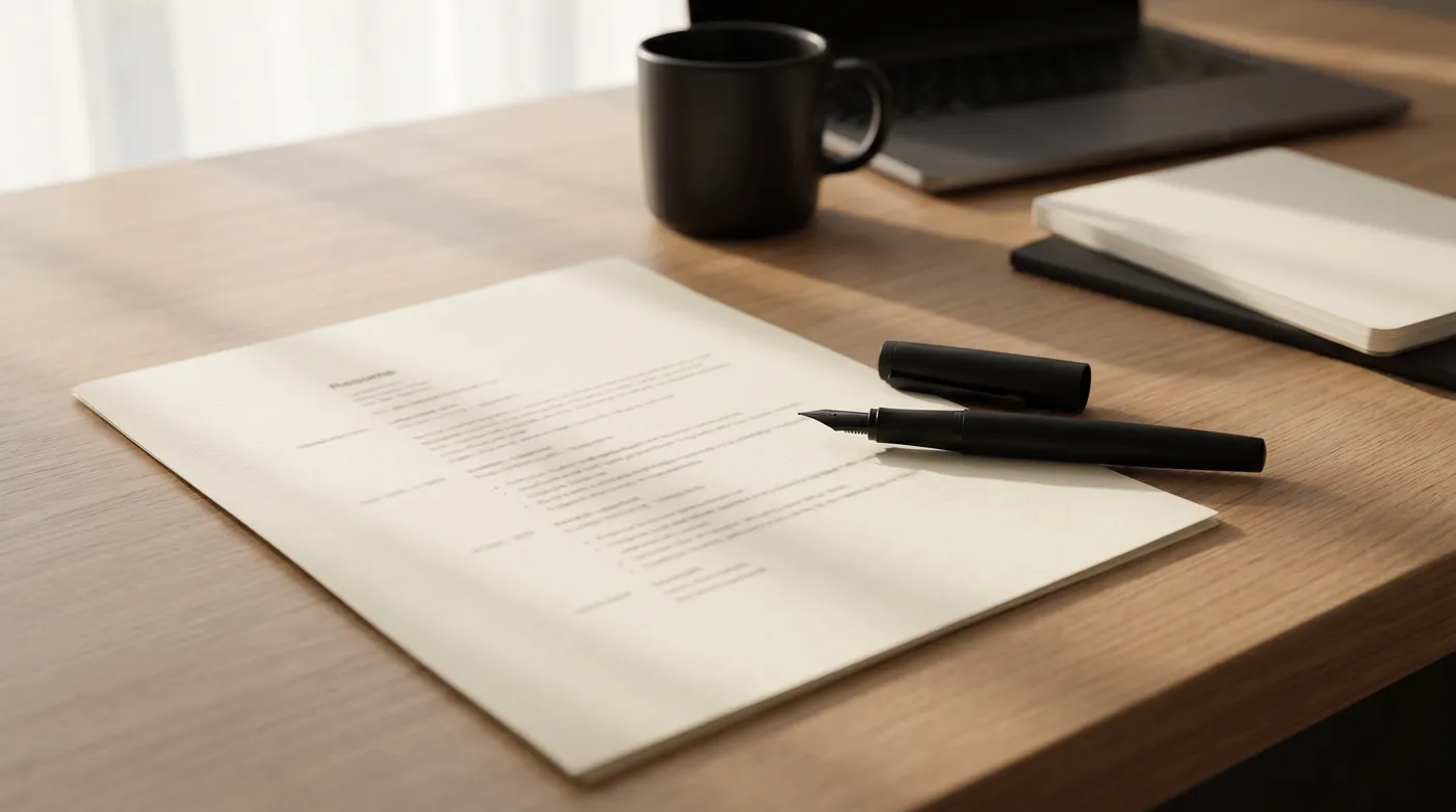 A cream-colored resume page lies angled on a wooden desk beside a black fountain pen, representing polished resume formatting.
