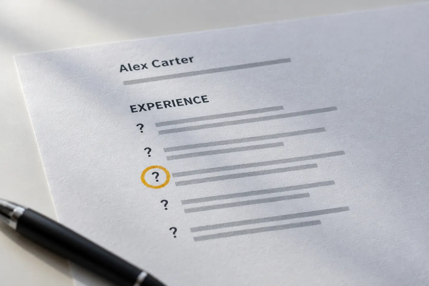 A printed resume test with question marks replacing bullet points, one circled in pen, for a guide on reading ATS results.