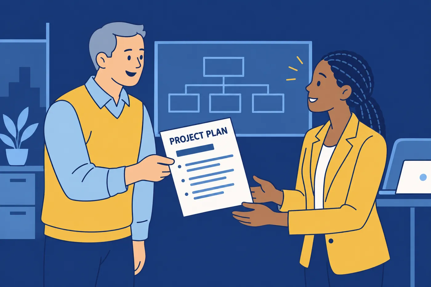 An employee hands a project plan to a manager, showing leadership potential for a behavioral interview article.