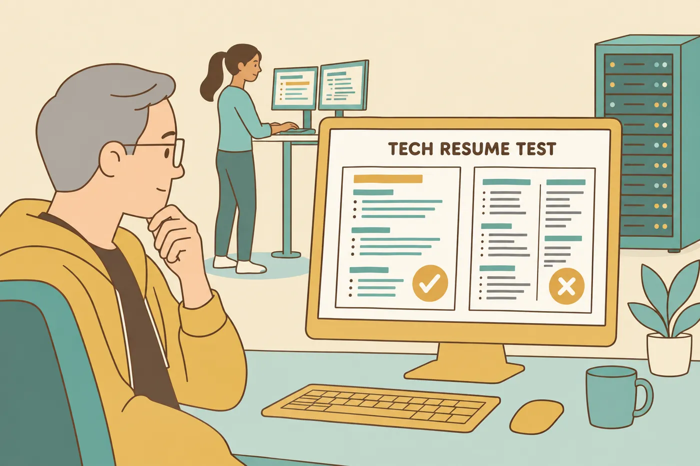 A senior software engineer compares successful and failed resume parses on a monitor, for an article on tech resume builders.