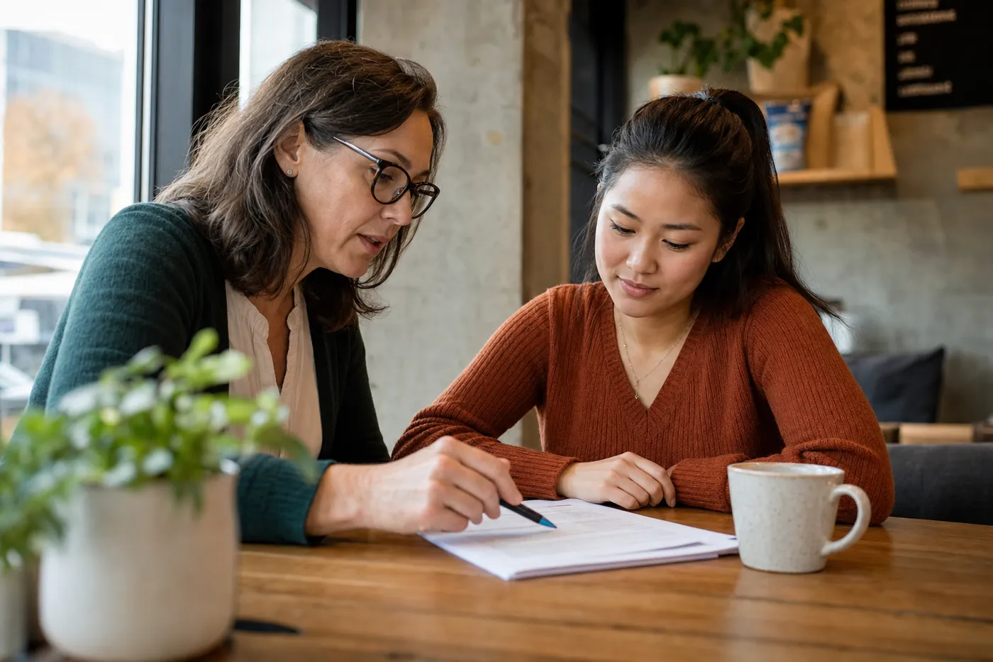 A career mentor explains nuanced resume feedback to a candidate in a sunlit cafe, highlighting human context.