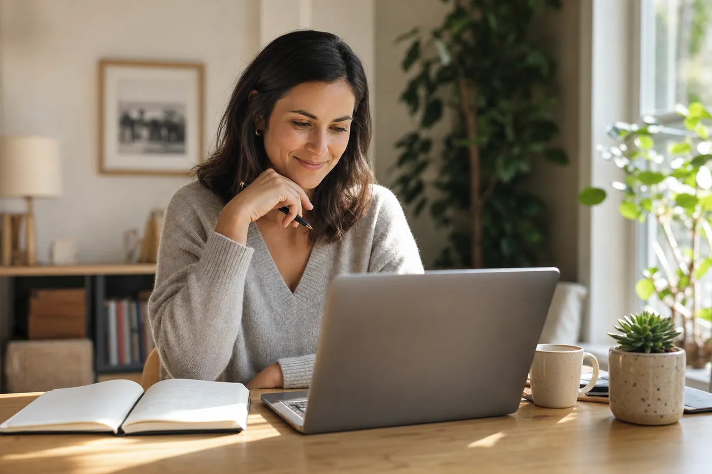 A professional smiling at their laptop in a sunlit office, representing tailoring a resume to match job keywords.