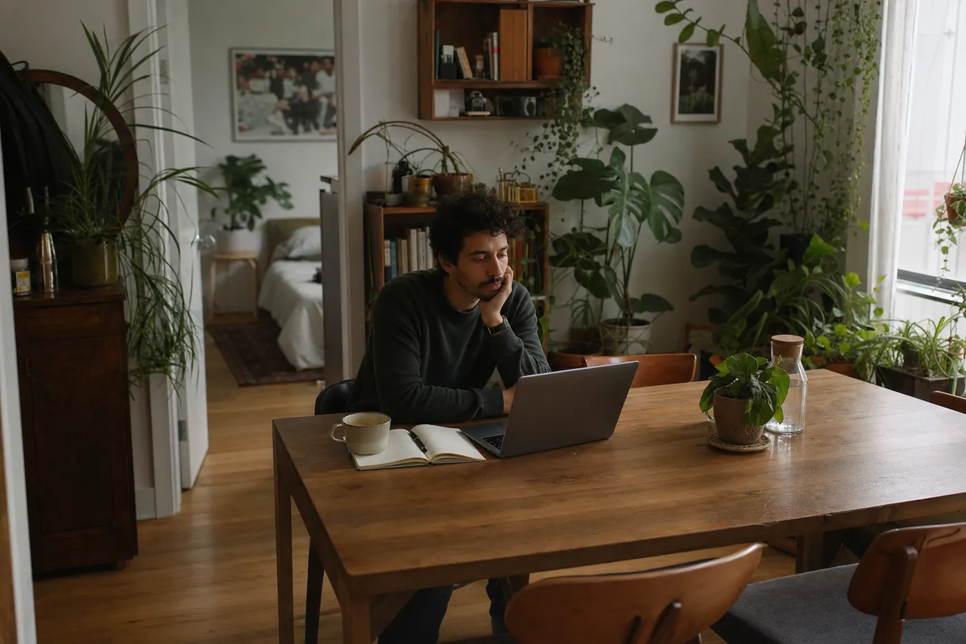 A job seeker reflects at a sunlit table with a laptop and notebook, representing the fatigue of automated job applications.