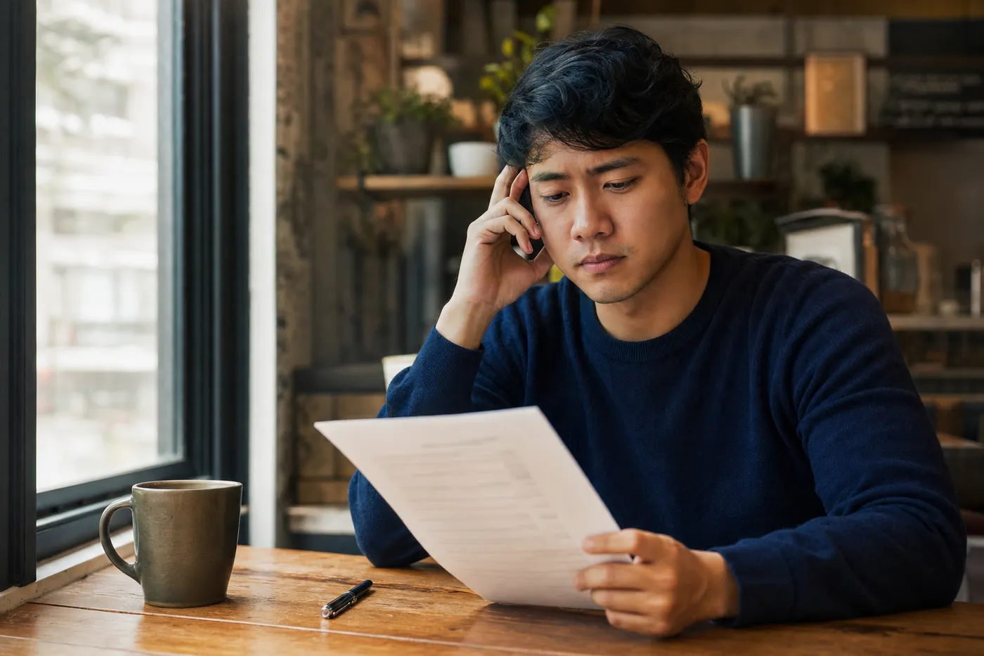 A job seeker looking thoughtfully at a resume in a cafe, reflecting on the importance of honest experience.