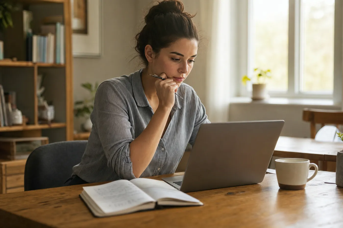 A focused woman reviewing her resume on a laptop in a sunlit workspace, testing its design and formatting.