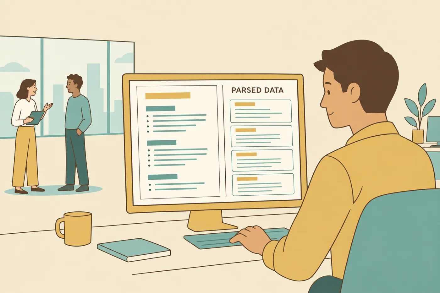 A recruiter monitors a screen showing a resume being parsed into structured data, for a guide on how ATS software works.