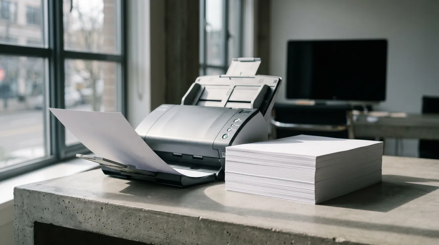 A modern office scanner with a stack of blank resume papers on a minimalist concrete desk, illustrating ATS parsing.