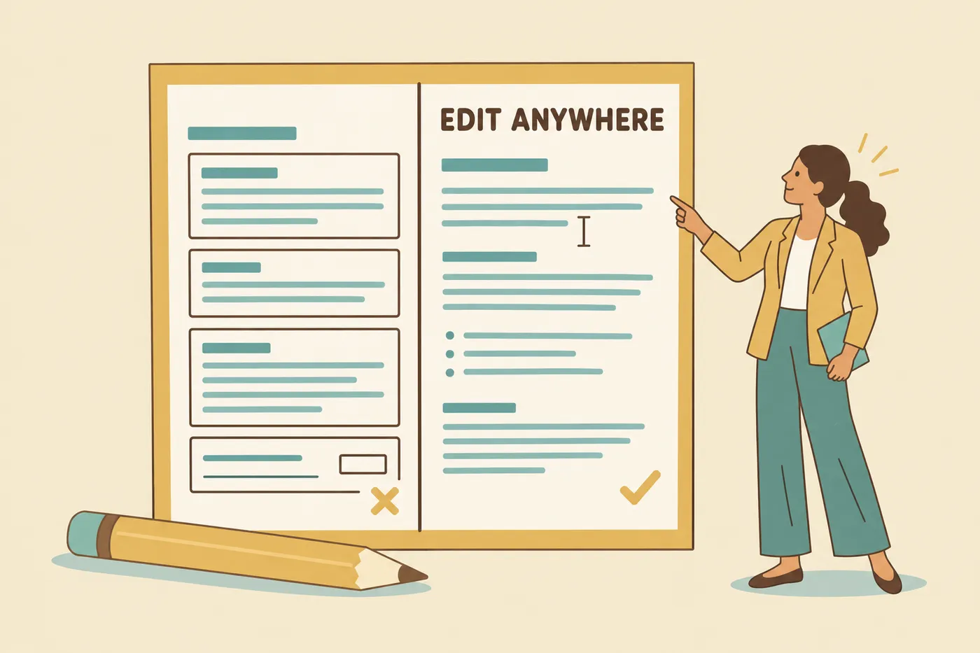 A woman with olive skin points to the flexible editing side of a giant cover letter, comparing it to a rigid form.