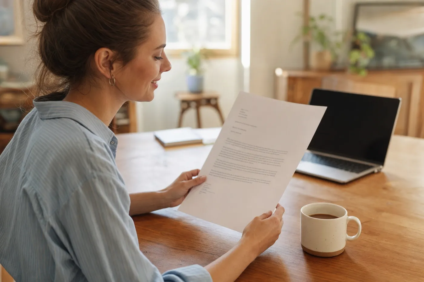 A professional holding a printed cover letter with a confident smile, showcasing clean and polished document layout.