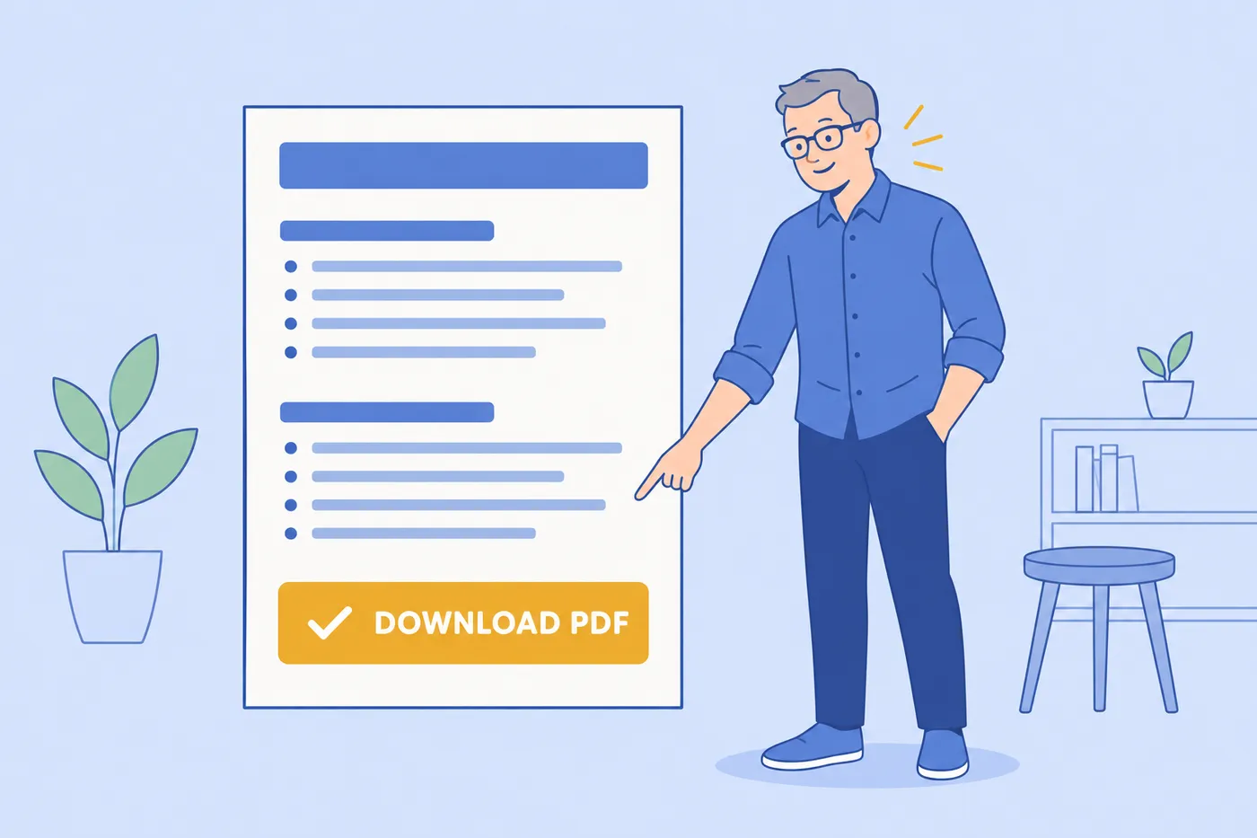 Illustration of a resume and a free download button.