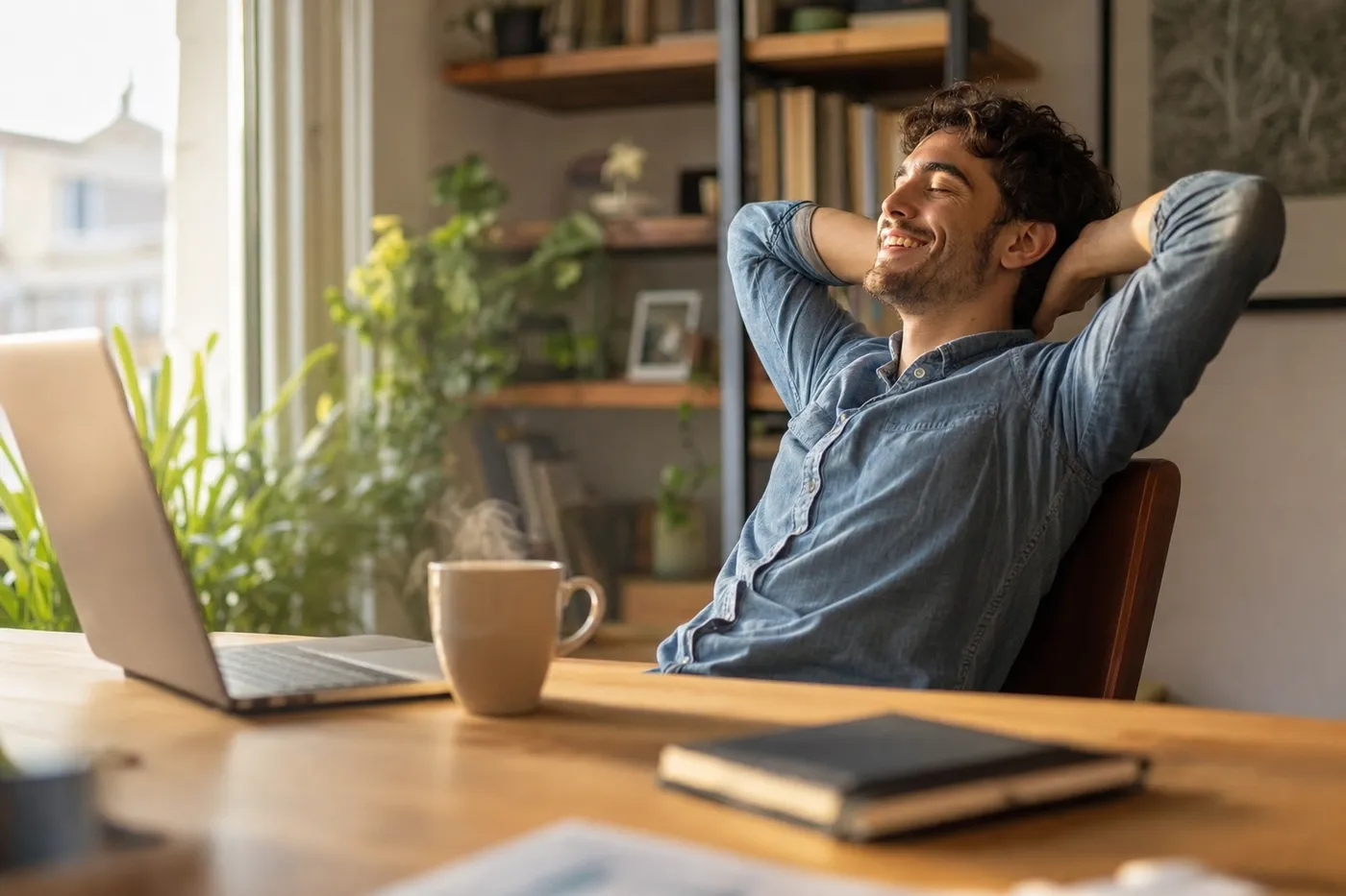 A young professional smiles with relief while working at a sunlit wooden desk in a cozy home office.