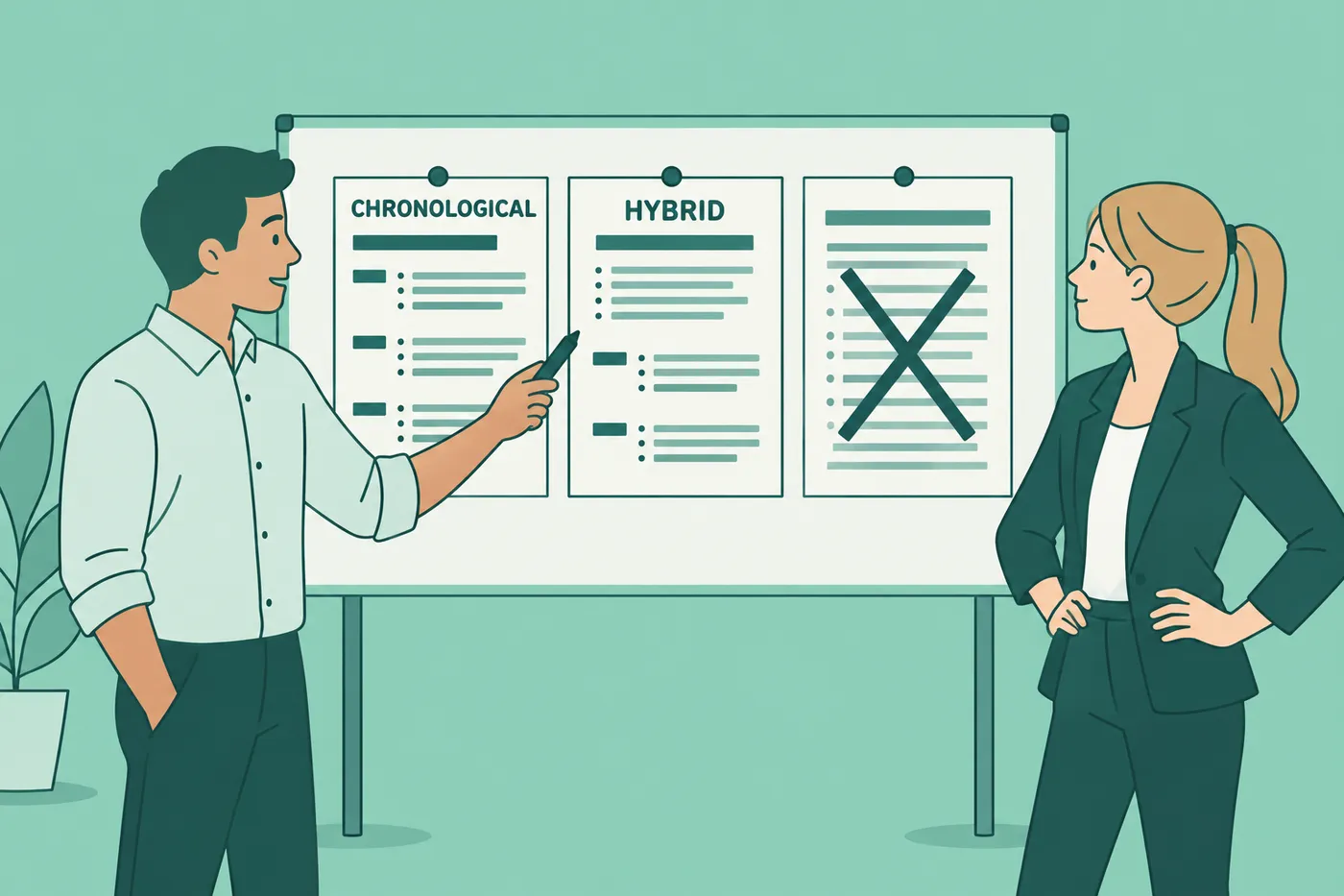A career coach with olive skin points to chronological and hybrid resume layouts on a whiteboard for a job seeker.