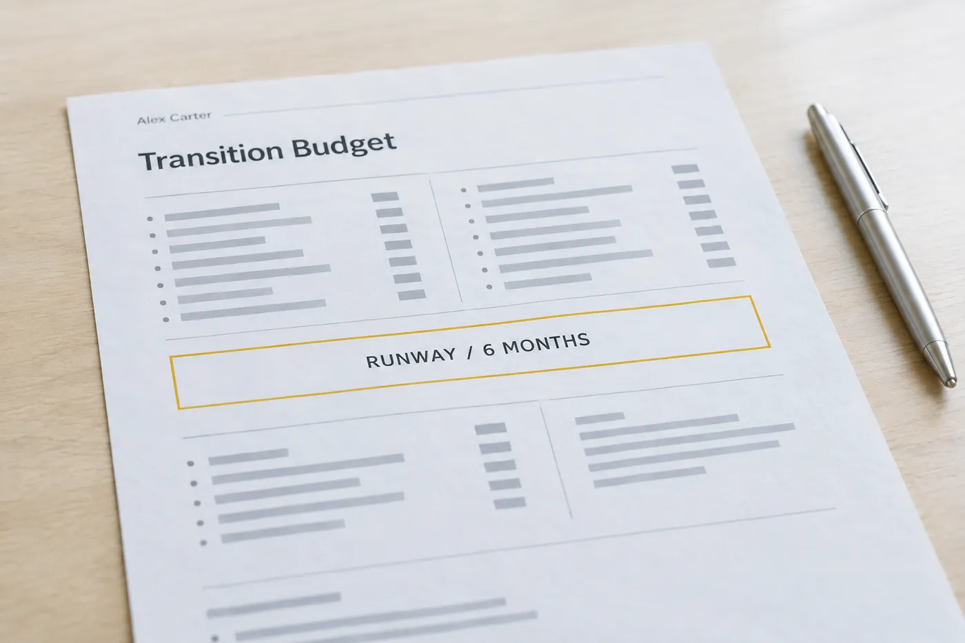 A printed transition budget worksheet showing a calculated six-month savings runway, for an article on career change finances.