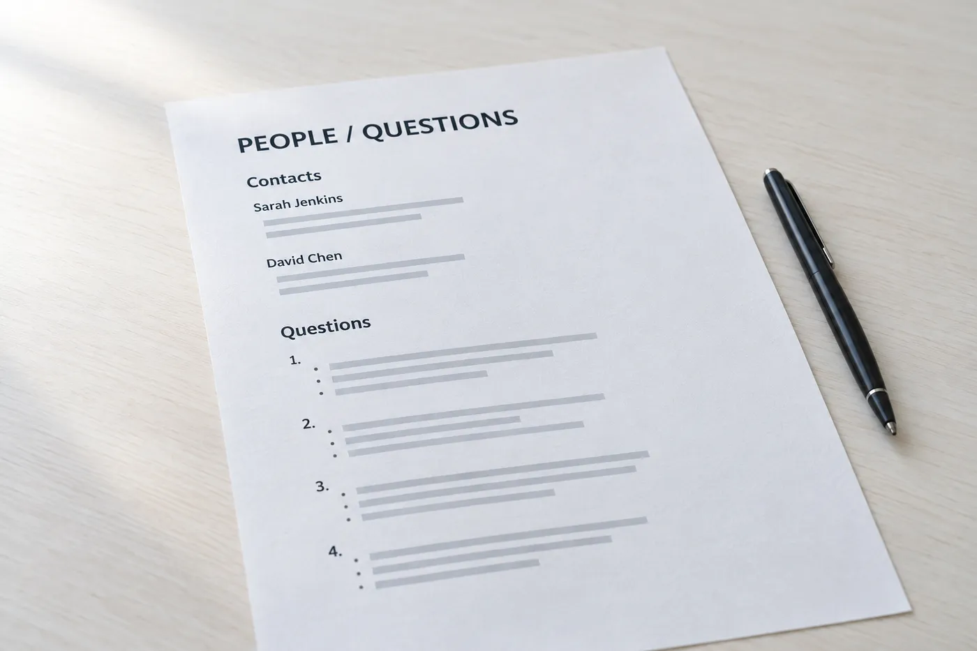 A printed informational interview planning sheet titled 'PEOPLE / QUESTIONS' on a light wood desk, for a career change guide.