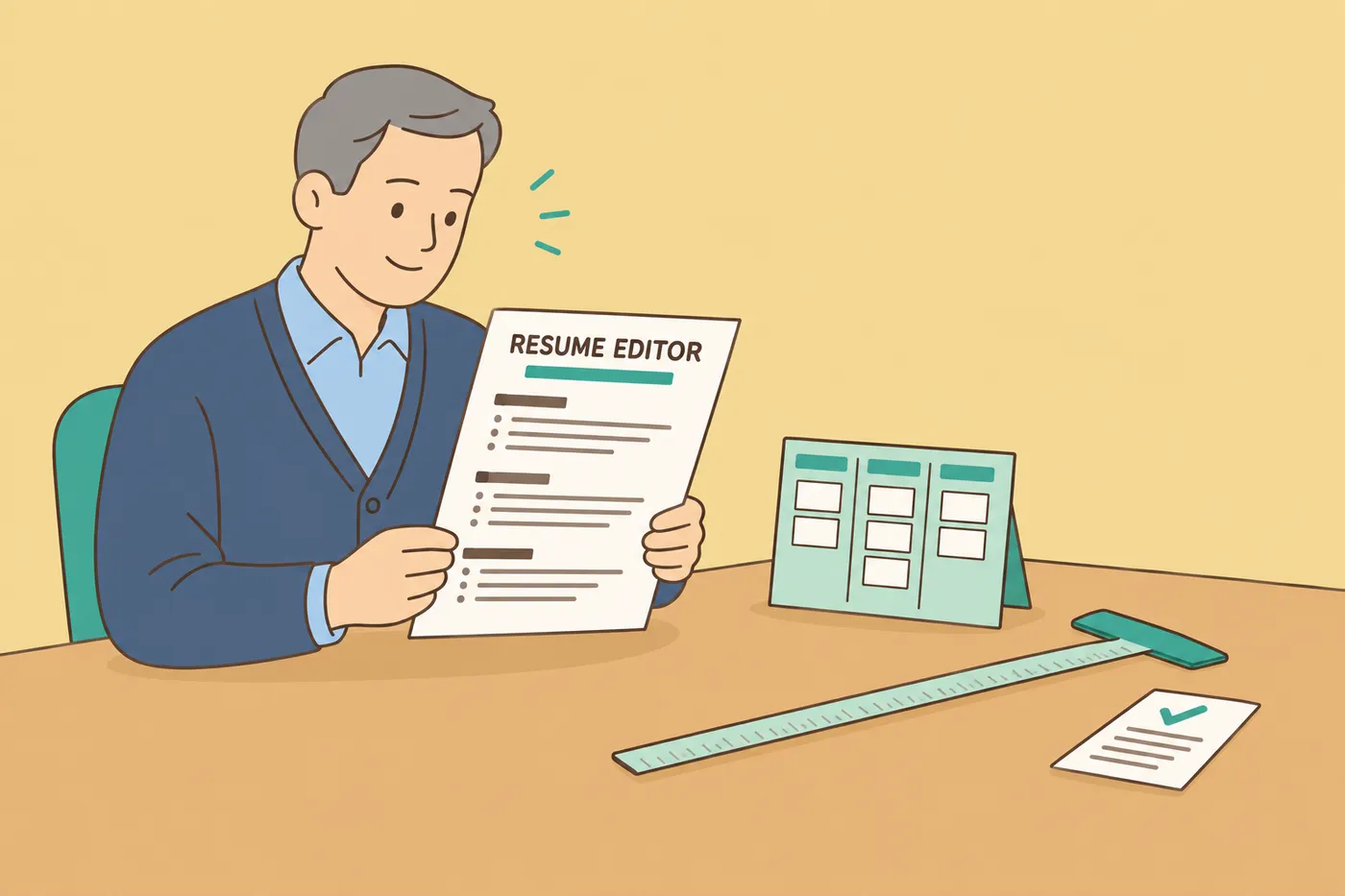 A job seeker reviews his tailored resume next to a tracker board and a layout ruler, showing document-grade resume editing.
