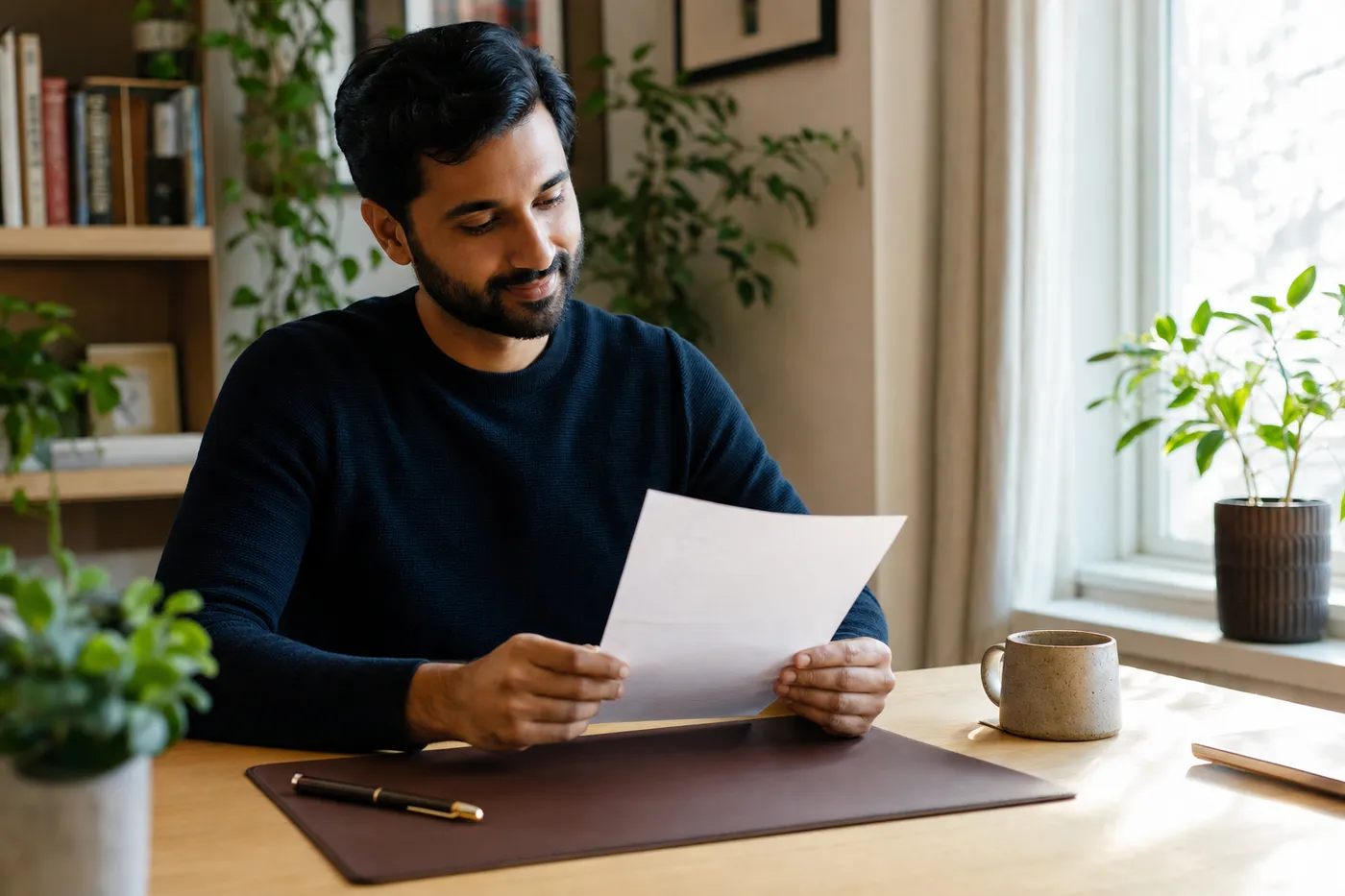 A professional reviews a high-quality printed resume at a sunlit desk, representing polished document-grade career prep.