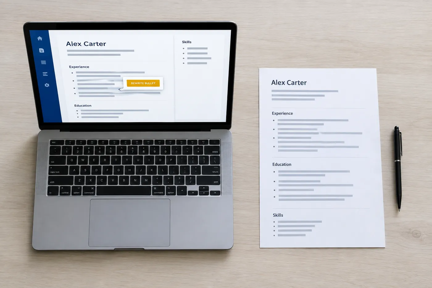 A laptop screen showing an AI resume assistant offering a rewrite button next to a printed draft on a wooden desk.