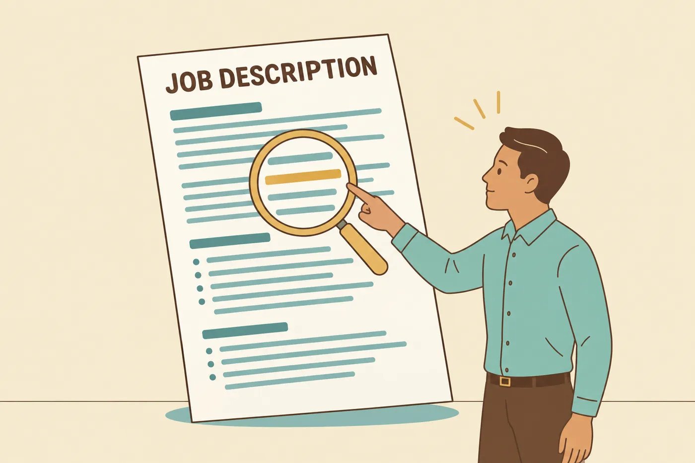 A man points to a highlighted requirement under a giant magnifying glass on a job description document.