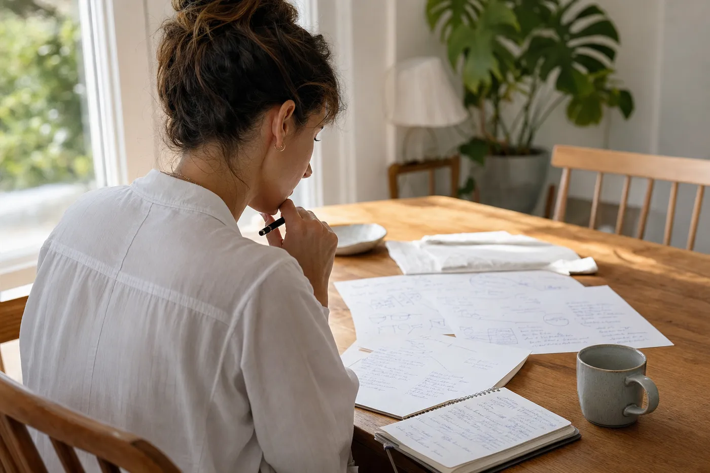 A professional thoughtfully analyzing notes at a sunlit table, representing deep job description analysis.
