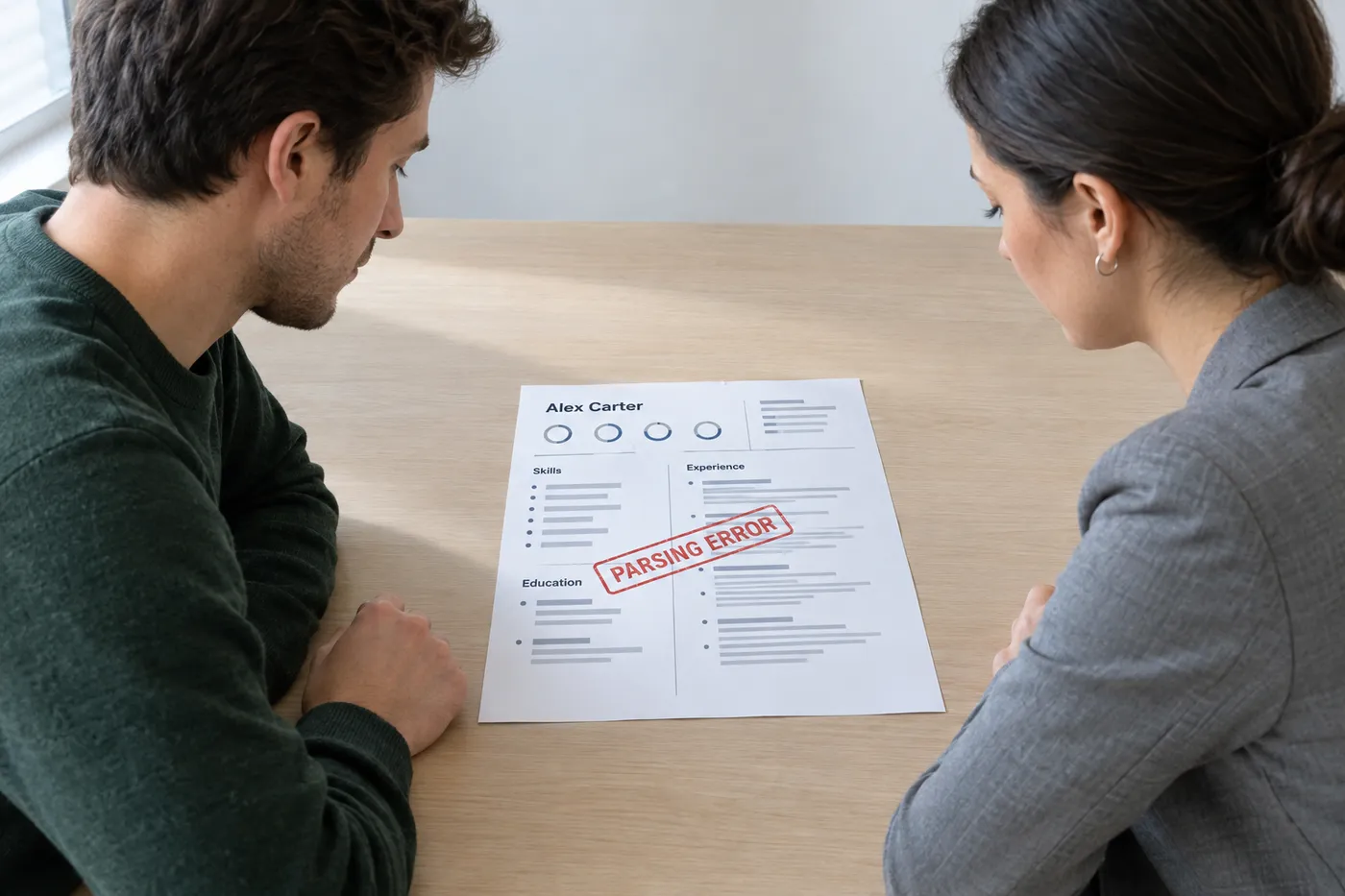 A printed fancy-template resume stamped with PARSING ERROR on a desk between two people, illustrating why complex templates fail.