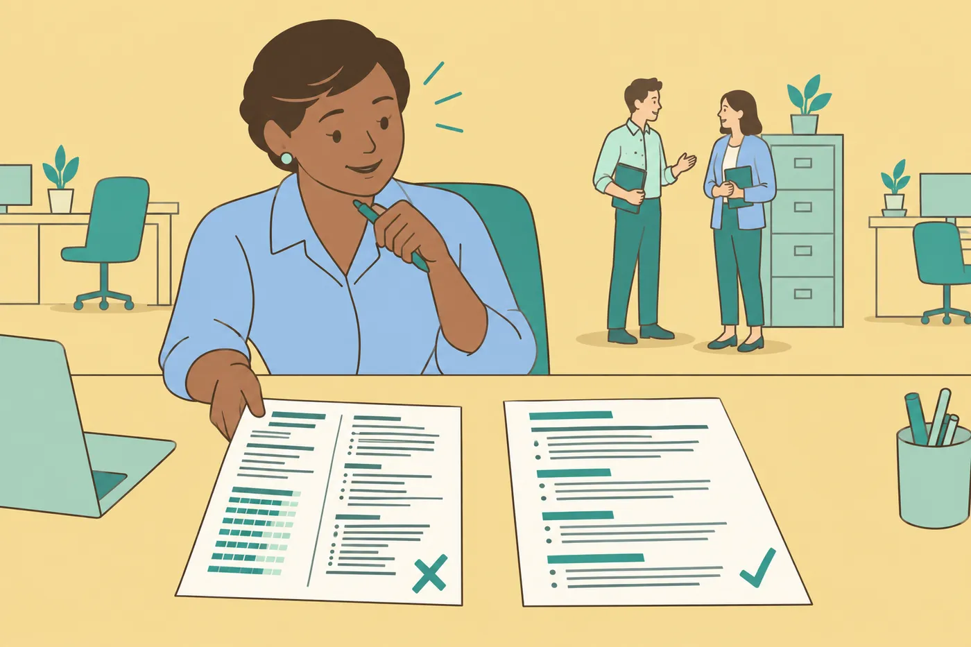 A hiring manager at her desk compares a cluttered two-column resume with a clean single-column format.