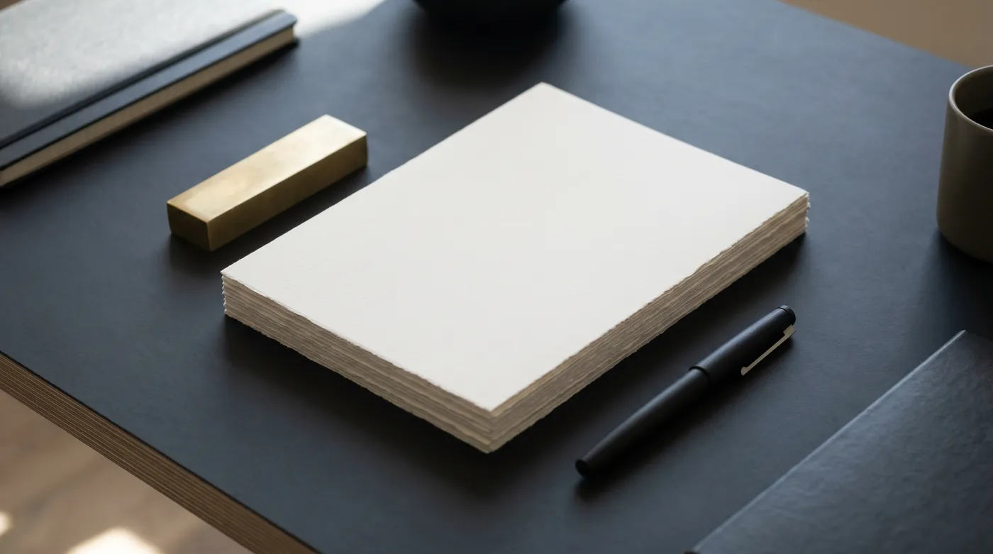 A minimalist workspace with a neat stack of blank white resume paper and a black fountain pen on a slate desk.