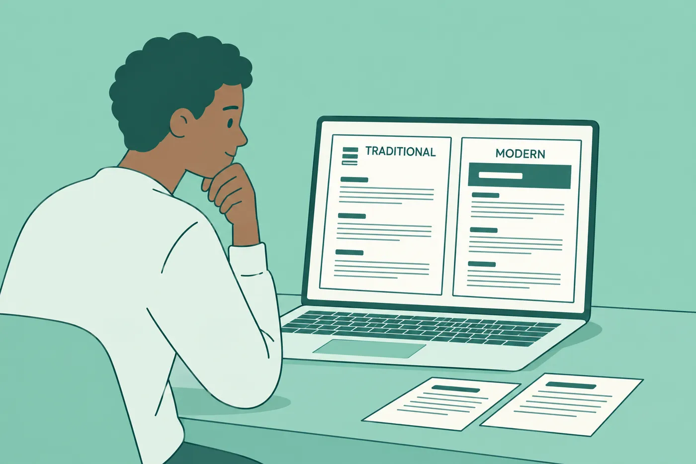 A job seeker compares traditional and modern cover letter layouts side-by-side on his laptop screen.