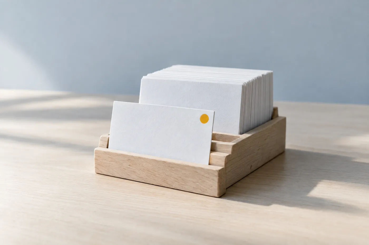A prioritized index card with a yellow tab in front of a dense, out-of-focus stack of cards, representing triage.