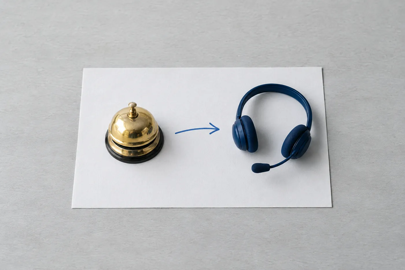 A brass service bell and a customer support headset connected by a hand-drawn arrow on a white sheet of paper.