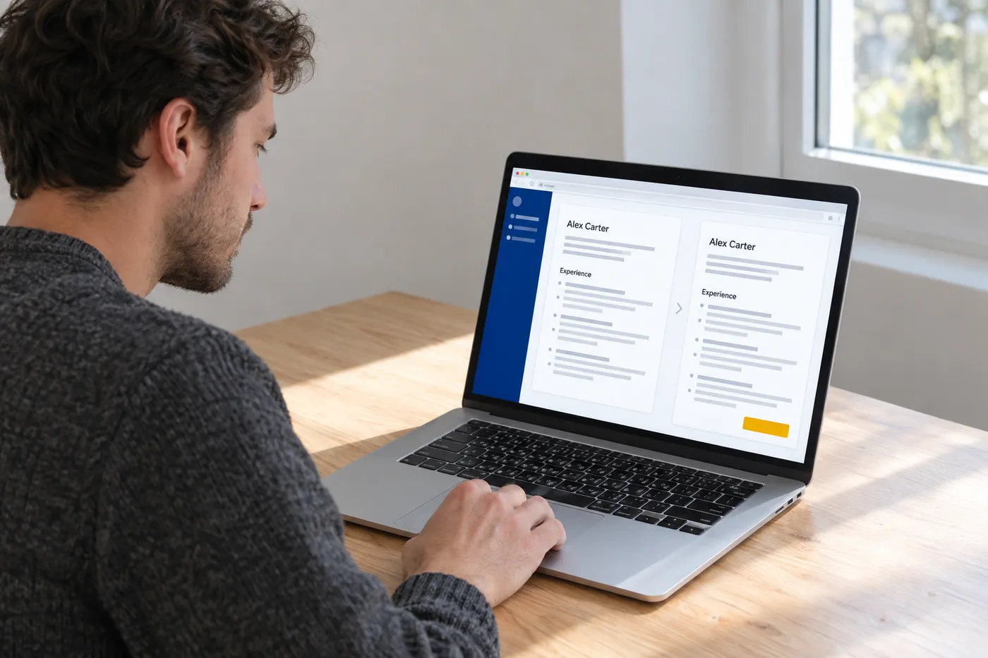 A man looking at a laptop screen showing a resume successfully passing a plain-text ATS parser check.