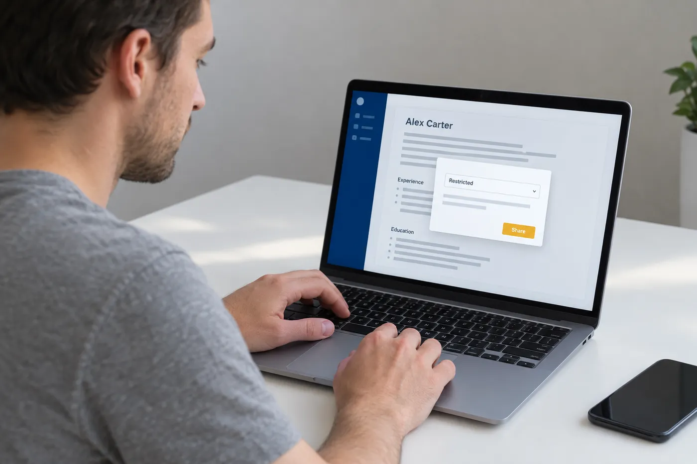 A resume document on a laptop screen with a restricted sharing dialog box, for an article on Google Docs link permissions.