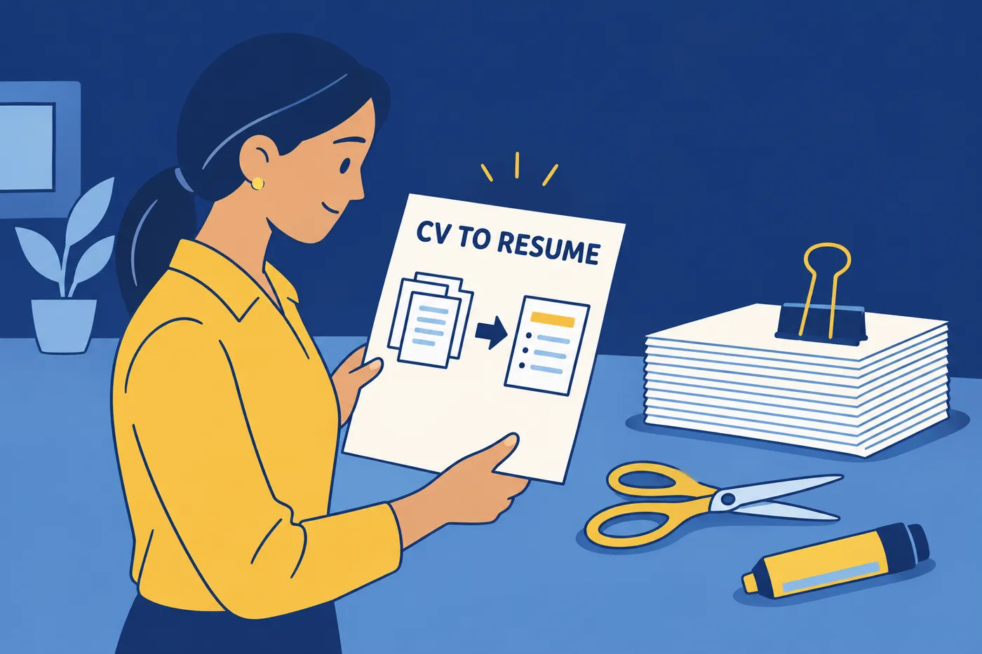 A woman reviews a guide on condensing a long CV into a shorter resume, next to a stack of papers and scissors.