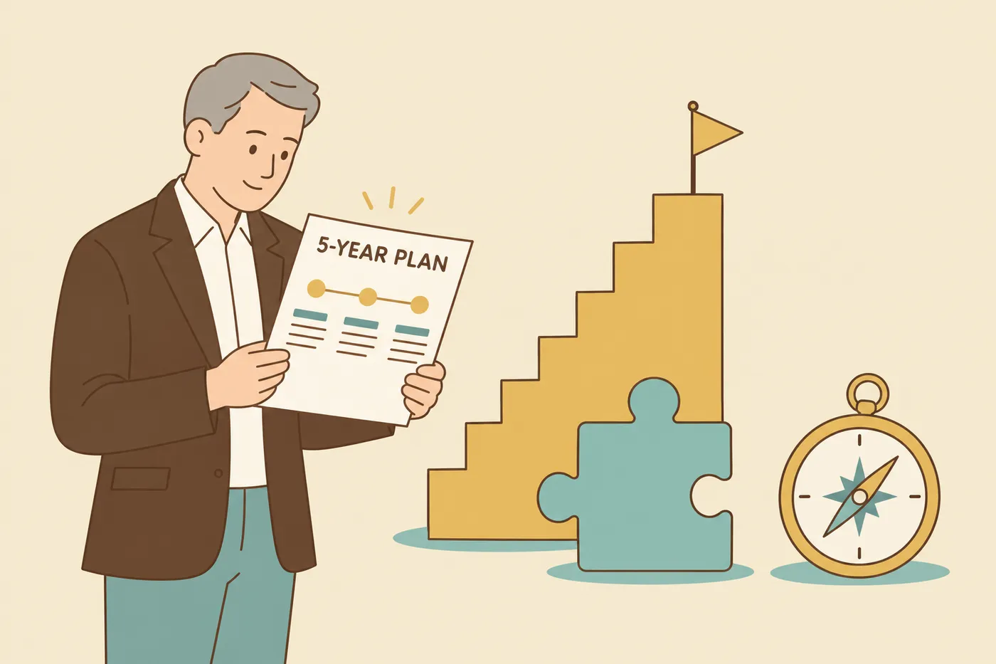 A job candidate reviews his five-year career plan alongside giant objects representing fit, growth, and direction.